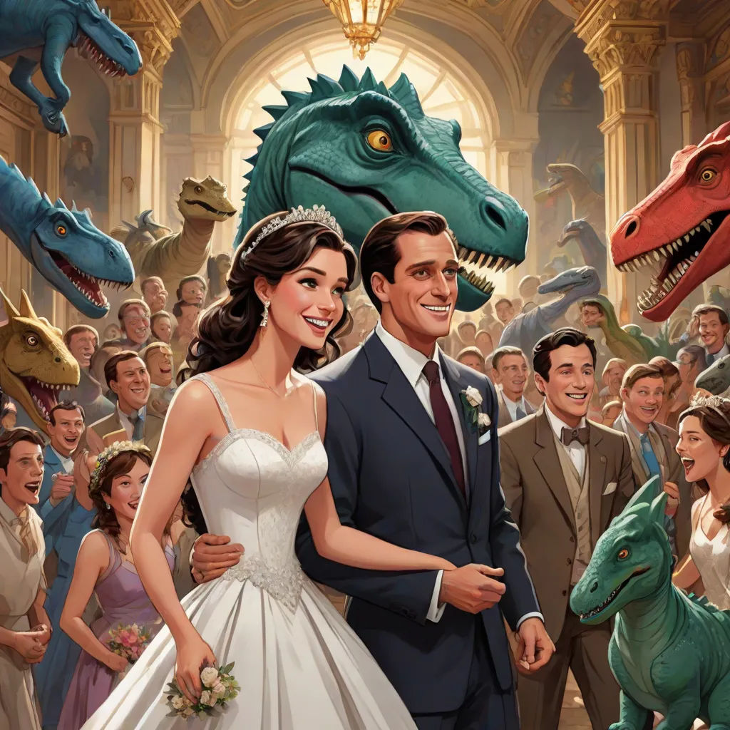a man and woman are standing in front of a crowd of dinosaurs and dinosaurs in a wedding dress and a dinosaur head, a detailed painting, F. Scott Hess, american realism, comic cover art