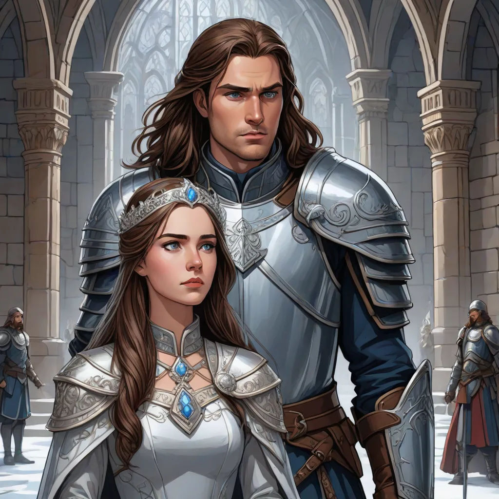 a man and a woman dressed in medieval clothing standing next to each other in front of a castle doorway, a storybook illustration, Brothers Hildebrandt, fantasy art, epic fantasy character art