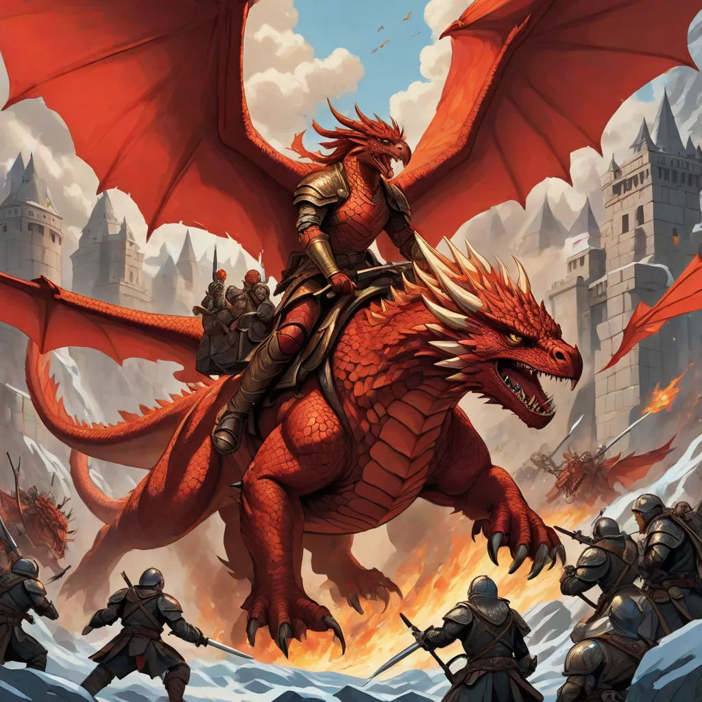 a red dragon riding on top of a red dragon next to a group of men in armor and holding swords, concept art, Clint Cearley, fantasy art, magic the gathering artwork