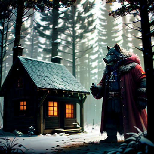 a wolf standing in front of a cabin in the woods with a wolf in front of it and a wolf in the background