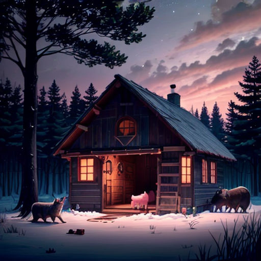 a cabin with animals in the snow at night time with stars and clouds above it and a full moon