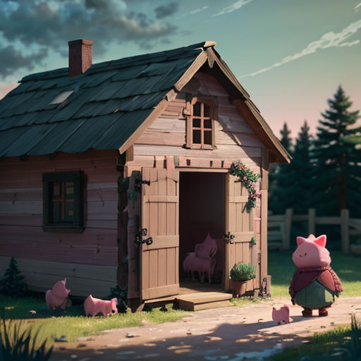 a pig house with a pig in the yard and pigs in the yard outside of it, and a pig in the yard