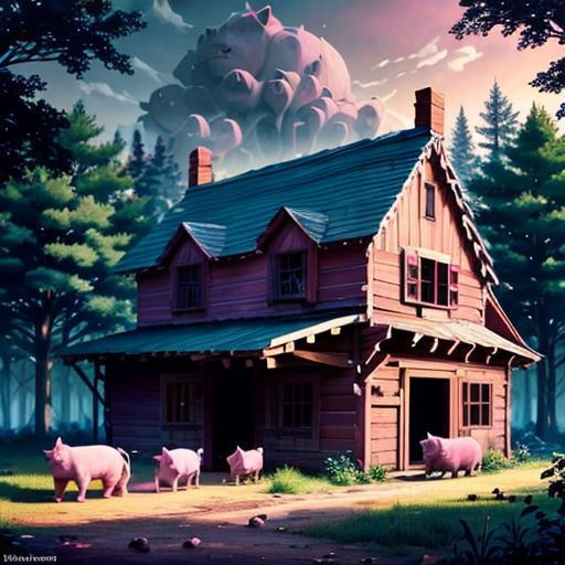 a painting of a house with pigs in front of it and a pig on the roof of the house