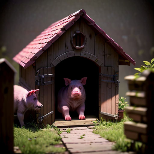 a pig and a pig pig in a dog house with a pig in the doorway and a pig in the yard