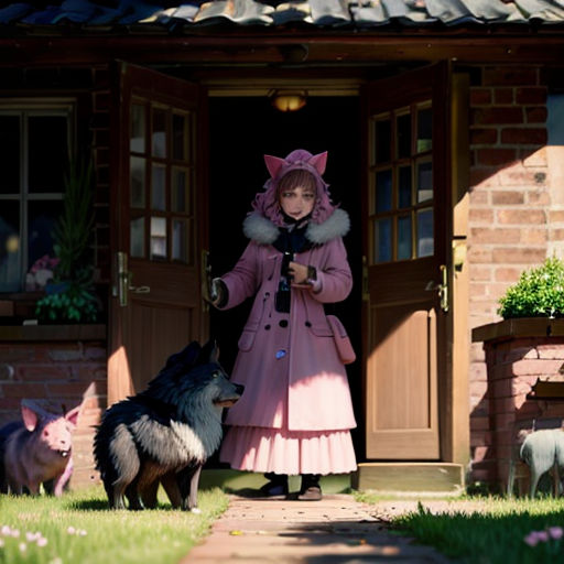 a woman in a pink coat standing in front of a house with two dogs and a cat on the lawn