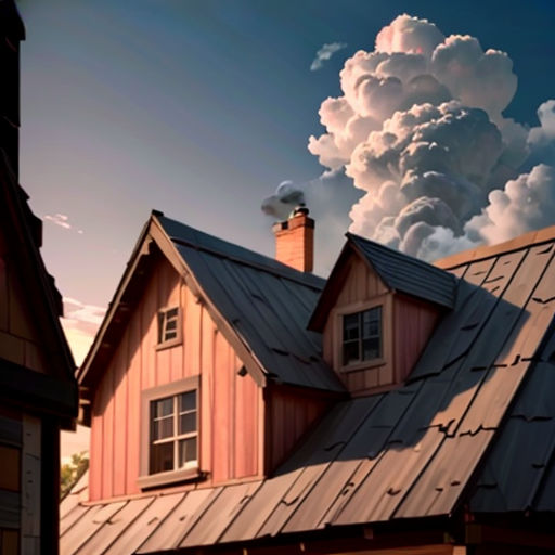 a house with a lot of smoke coming out of it's chimneys and a sky filled with clouds