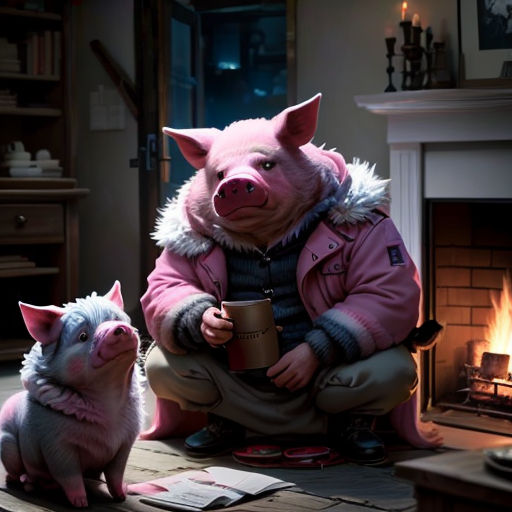 a pig and a piggy are sitting in front of a fireplace and a fire place with a cup