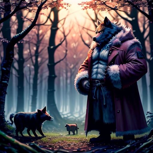 a man in a red coat and a wolf in a forest with trees and grass and a dog in the foreground