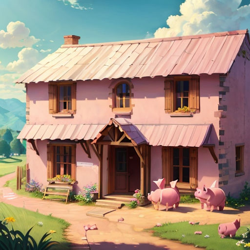 a painting of a house with pigs in front of it and a dog in the yard in front of it