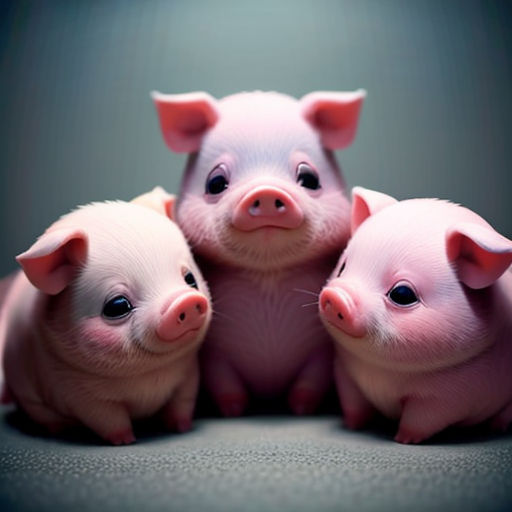 a group of three little pigs sitting next to each other on a floor with a black background and a light shining on them