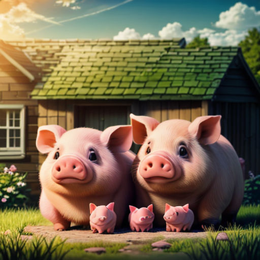 three pigs standing in front of a house with a pig family in front of it, with a pig in the foreground