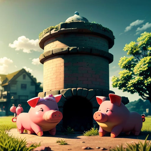 a couple of pigs standing next to a brick oven in a field of grass and trees with a castle in the background