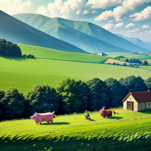 a painting of a farm with pigs in the grass and a house in the distance with mountains in the background