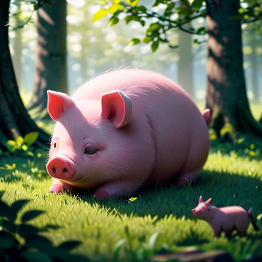 a pig and her two babies in a forest of grass and trees, with a pink pig laying on the ground