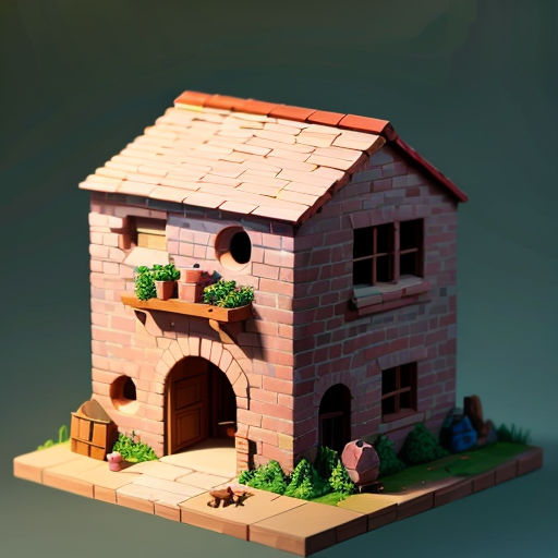 a small brick house with a small window and a door and a porch with plants on the roof and a small window