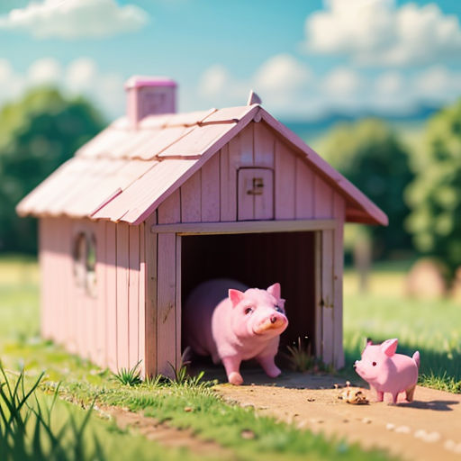 a couple of pigs standing in a small pink house next to a pig pig on a dirt road near a field