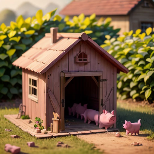a small wooden pig house with pigs in it's yard next to a hedge and a house with a door