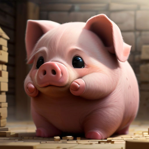 a pig that is sitting on a wooden floor next to a brick wall and a pile of blocks with a brick wall behind it
