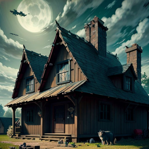 a painting of a house with a cow in front of it and a full moon in the background with clouds
