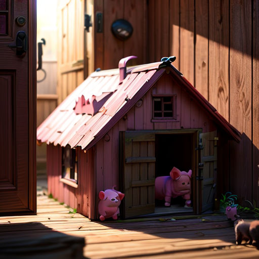 a small pink pig house with a pig in it's door and a pig in the other side