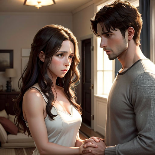 a man and a woman standing in a living room together, holding hands and looking at each other with a serious look on their face