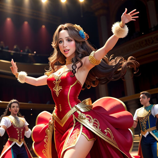 a woman in a red dress dancing in a theater with other people in the background wearing costumes and headdreses