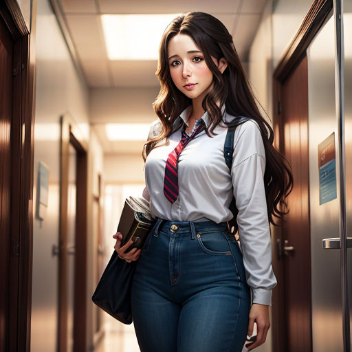 a woman in a tie and jeans is standing in a hallway with a book in her hand and a folder in her other hand