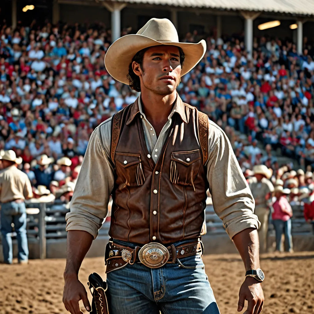 a man in a cowboy hat and vest holding a gun in front of a crowd of people in a stadium, american romanticism, a bronze sculpture, Byron Galvez, western