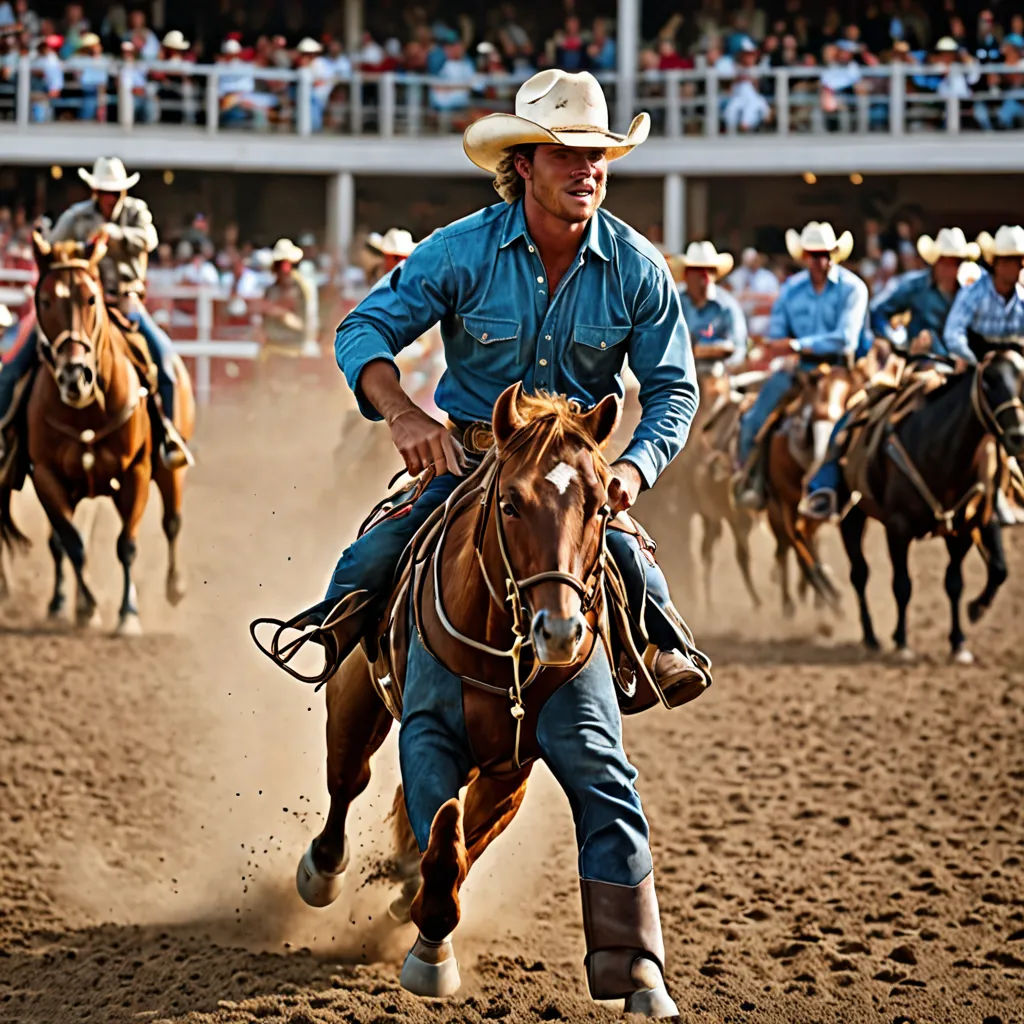 a man riding on the back of a brown horse in a rodeo arena with other men on horses behind him, regionalism, a digital rendering, Ancell Stronach, western