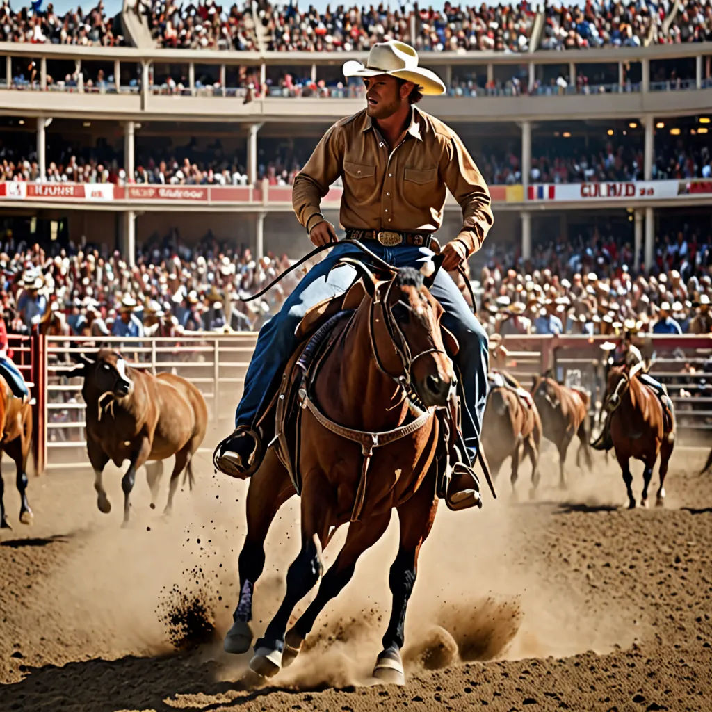 a man riding a horse in a rodeo arena with a crowd watching him from the stands and onlookers, regionalism, a digital rendering, Ancell Stronach, western