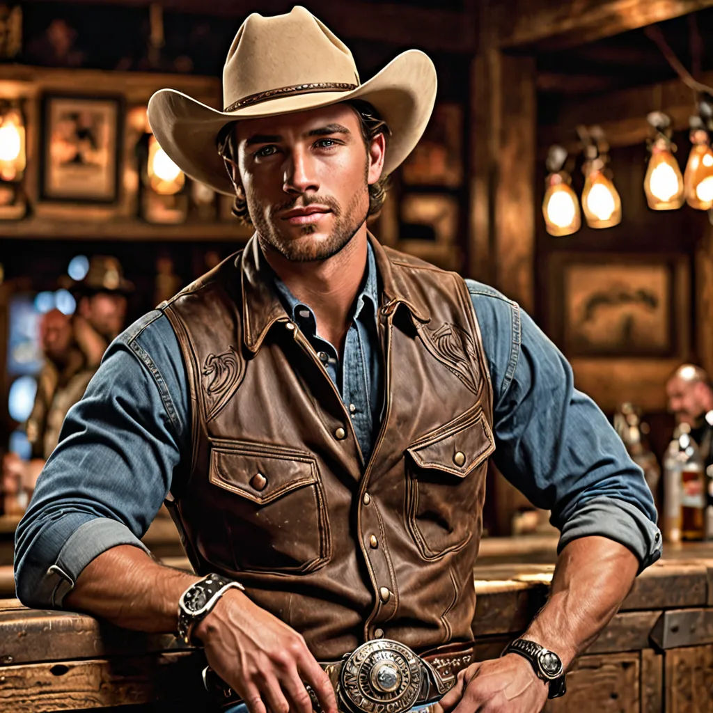 a man in a cowboy hat sitting at a bar with his hands on his hips and his hands on his hips, american romanticism, a digital rendering, Christian Hilfgott Brand, promotional image