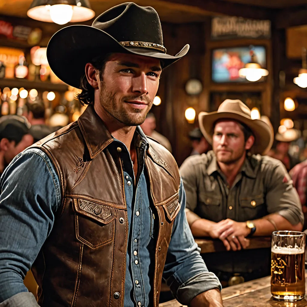 a man in a cowboy hat standing at a bar with a glass of beer in front of him and another man sitting at a bar behind him, regionalism, a digital rendering, Christian Hilfgott Brand, promotional image