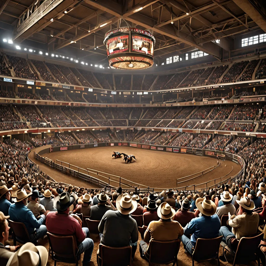 a crowd of people watching a horse show in a stadium with a horse on the ground and a man on a horse, american scene painting, a digital rendering, Darrell Riche, award-winning photograph