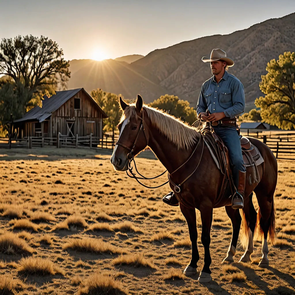 a man riding a horse in a field with mountains in the background at sunset or dawn with a barn and a barn, american romanticism, a photorealistic painting, Dan Scott, cinematic photography