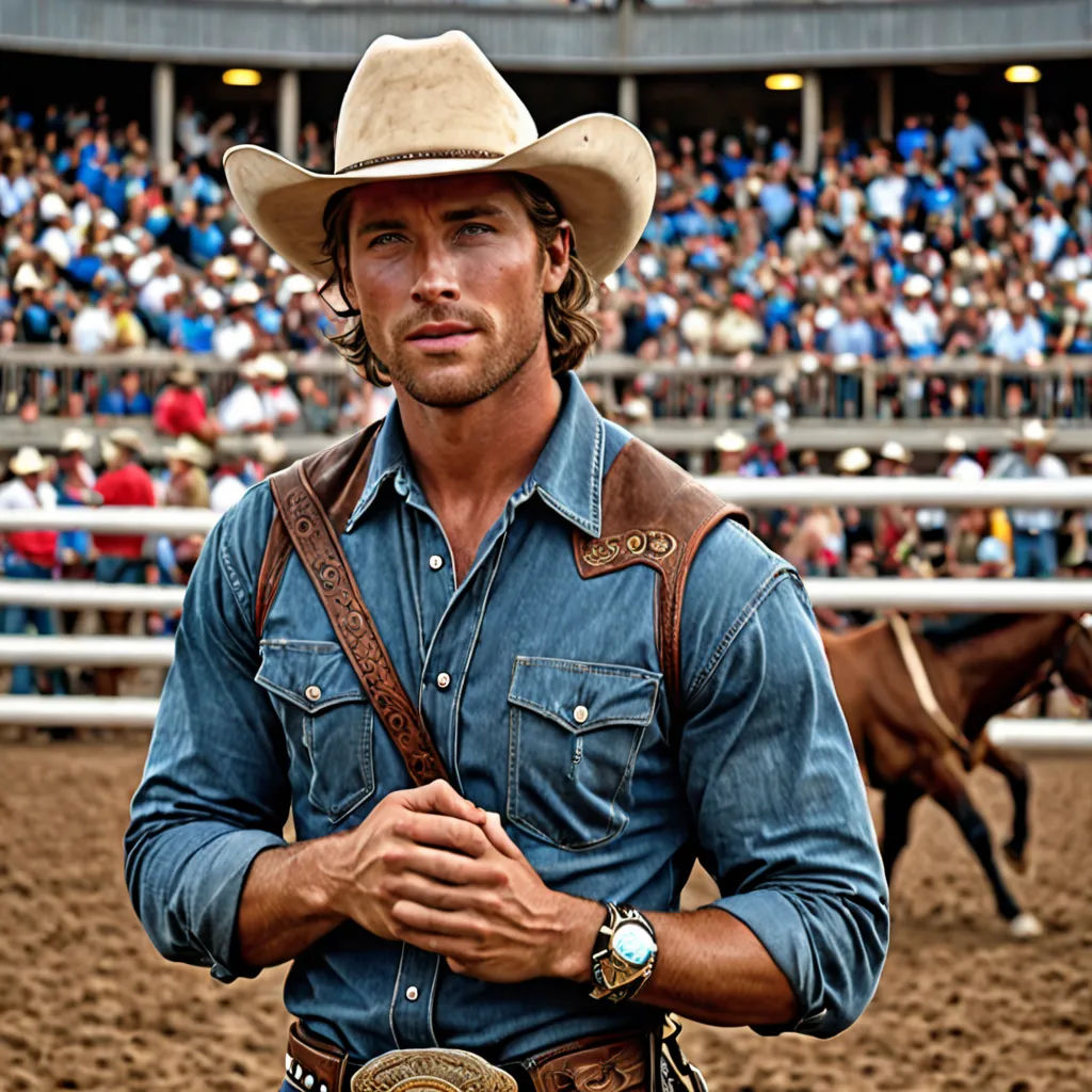 a man in a cowboy hat and jeans standing in front of a horse in a arena with a crowd, american romanticism, a photorealistic painting, Evan Charlton, western