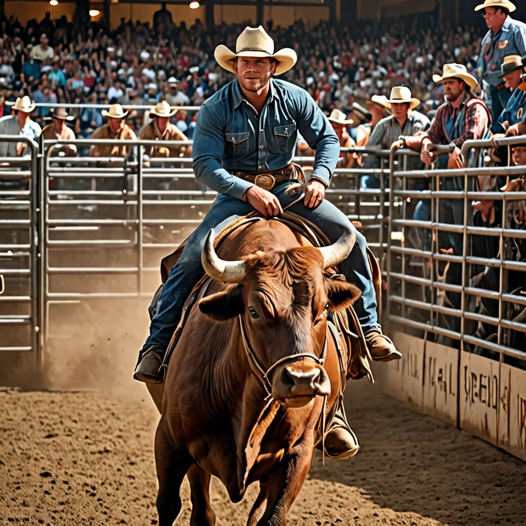 a man riding a bull in a rodeo ring with a crowd watching him from the stands behind him and a bull in the foreground, lowbrow, a stock photo, Daren Bader, western