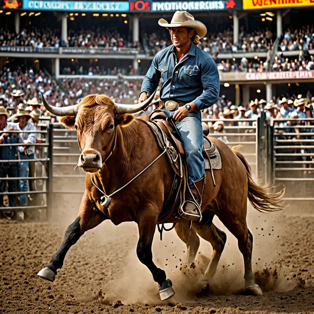 a man riding a bull in a rodeo arena with a crowd watching from the stands behind him and a crowd of people watching from the stands, precisionism, a photorealistic painting, Darrell Riche, western