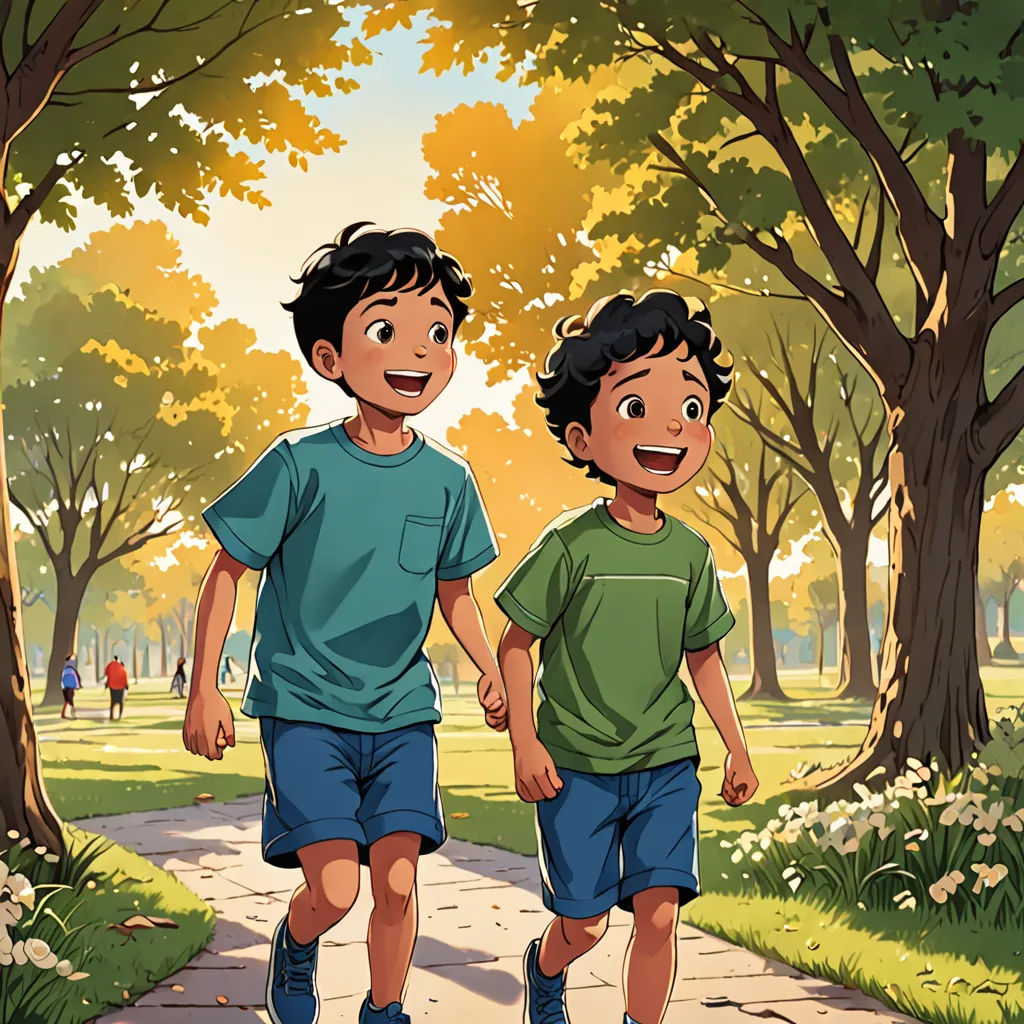 two young boys are walking down a path in a park together, one is smiling and the other is laughing, vancouver school, a comic book panel, Brothers Hildebrandt, official art