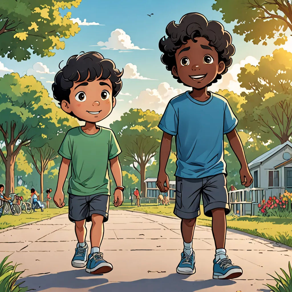 two children walking down a sidewalk in a park with a house in the background and a tree in the foreground, vancouver school, a comic book panel, Brothers Hildebrandt, comic cover art