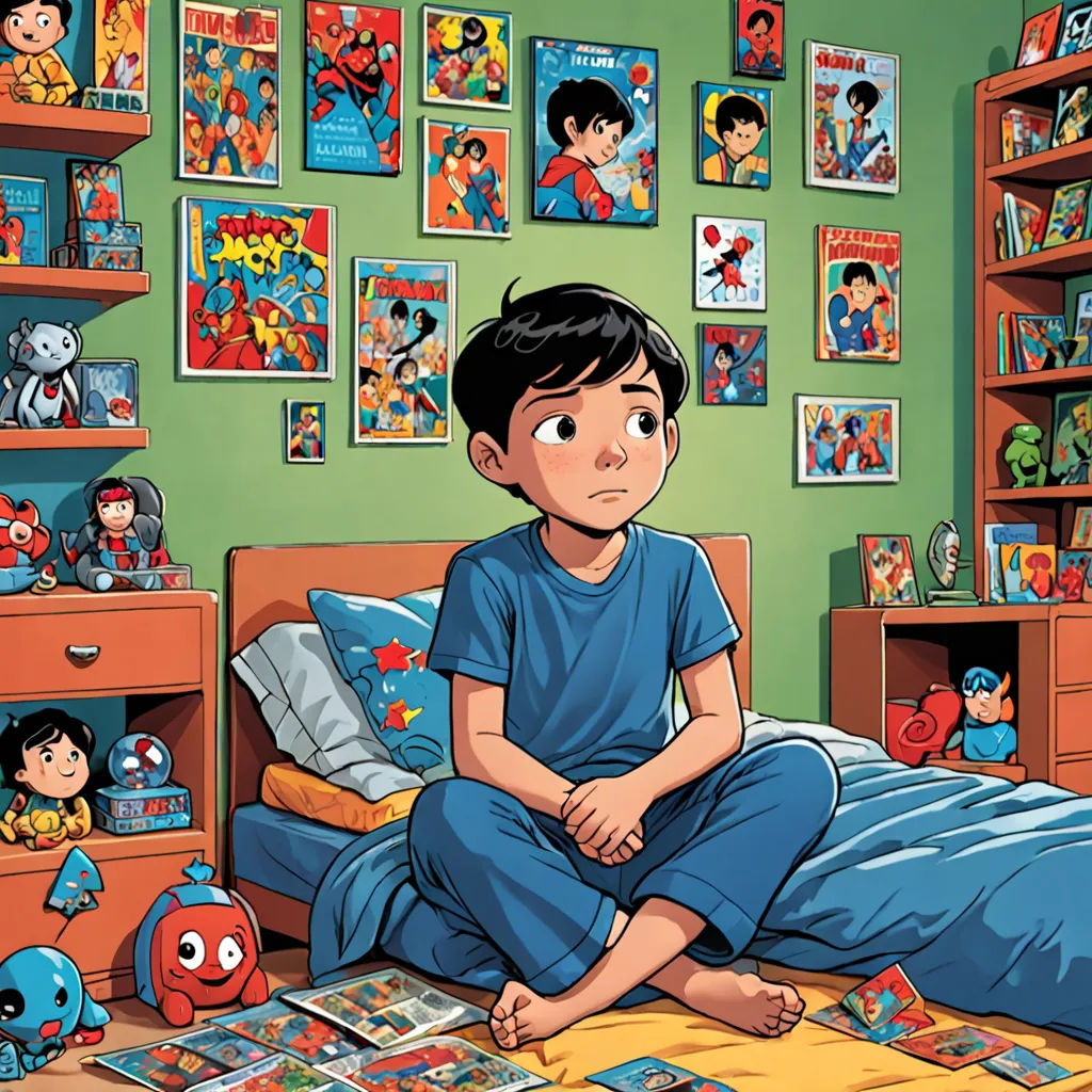 a boy sitting on a bed in a bedroom with a lot of comics on the wall and a bookcase, lyco art, a comic book panel, Diego Gisbert Llorens, comic book