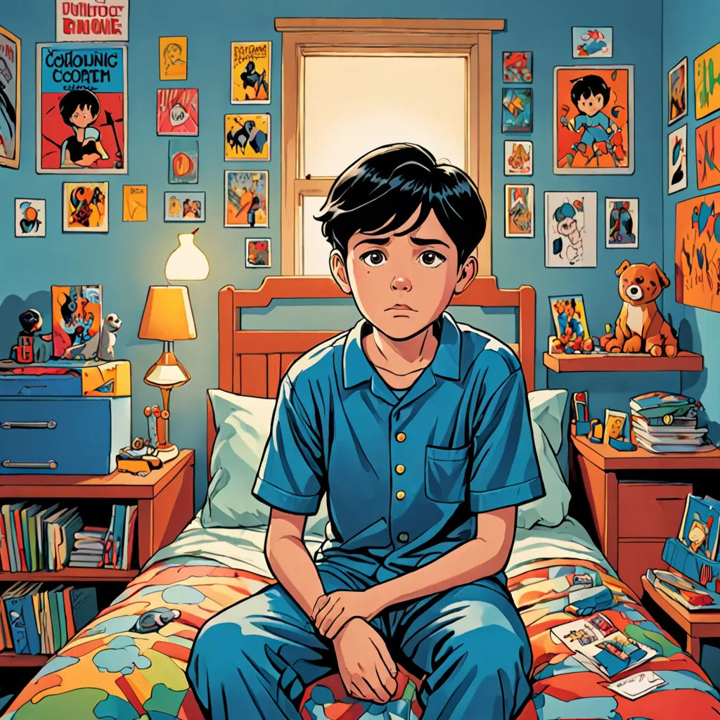 a boy sitting on a bed in a bedroom with a lot of comics on the walls and a teddy bear on the bed, shock art, a comic book panel, Diego Gisbert Llorens, comic cover art