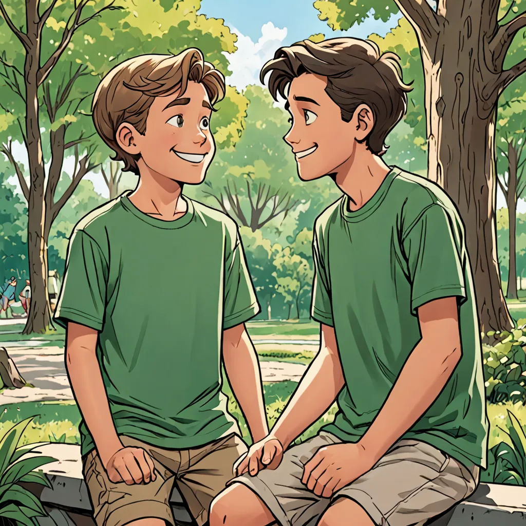 two young men sitting on a bench in a park talking to each other, with trees in the background, vancouver school, a comic book panel, Brothers Hildebrandt, comic cover art