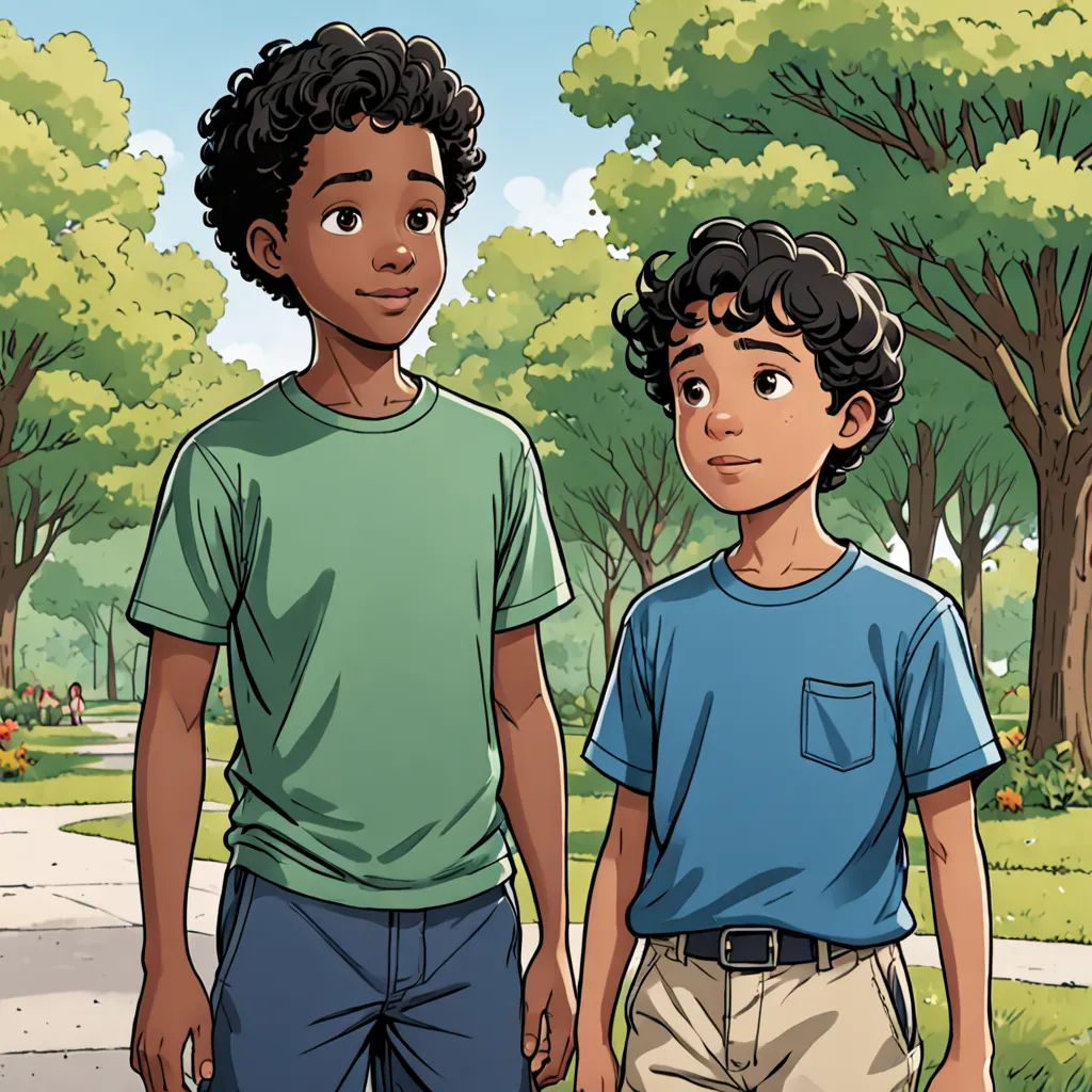 a boy and a boy standing next to each other in a park with trees and grass in the background, american scene painting, a comic book panel, Adam Dario Keel, graphic novel