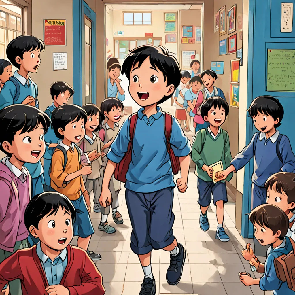 a boy is walking through a school with a group of children behind him and a teacher in the background, paris school, a comic book panel, Asaf Hanuka, yukito kishiro