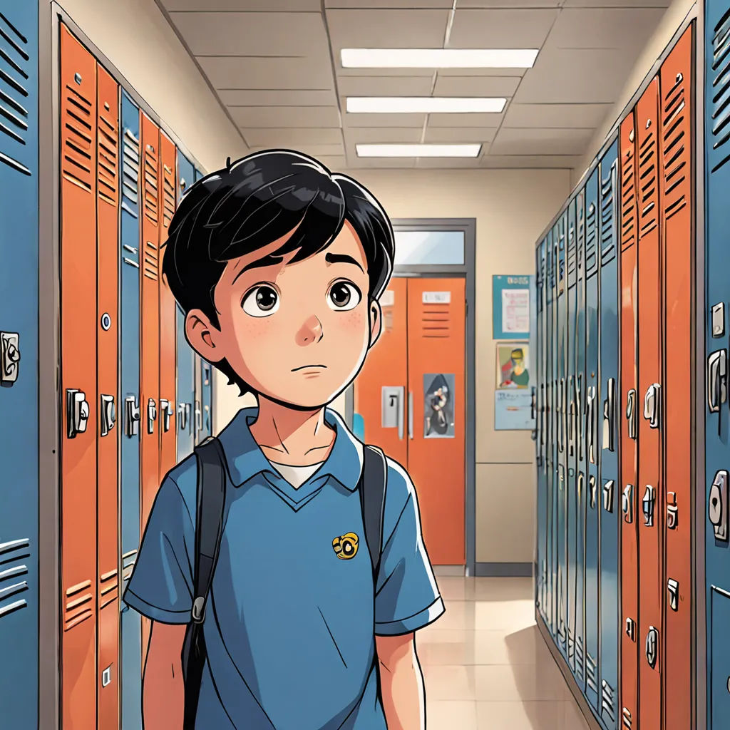 a boy standing in a hallway with lockers in the background and a backpack on his shoulder, looking at the camera, sots art, a comic book panel, Aaron Jasinski, comic cover art