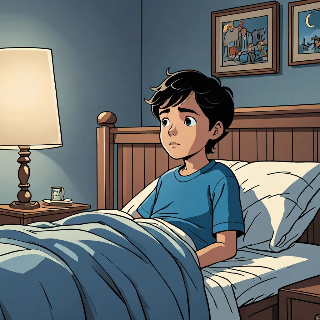 a boy sitting in bed with a blanket on his bed and a lamp on the nightstand next to him, context art, a storybook illustration, Asaf Hanuka, storybook illustration