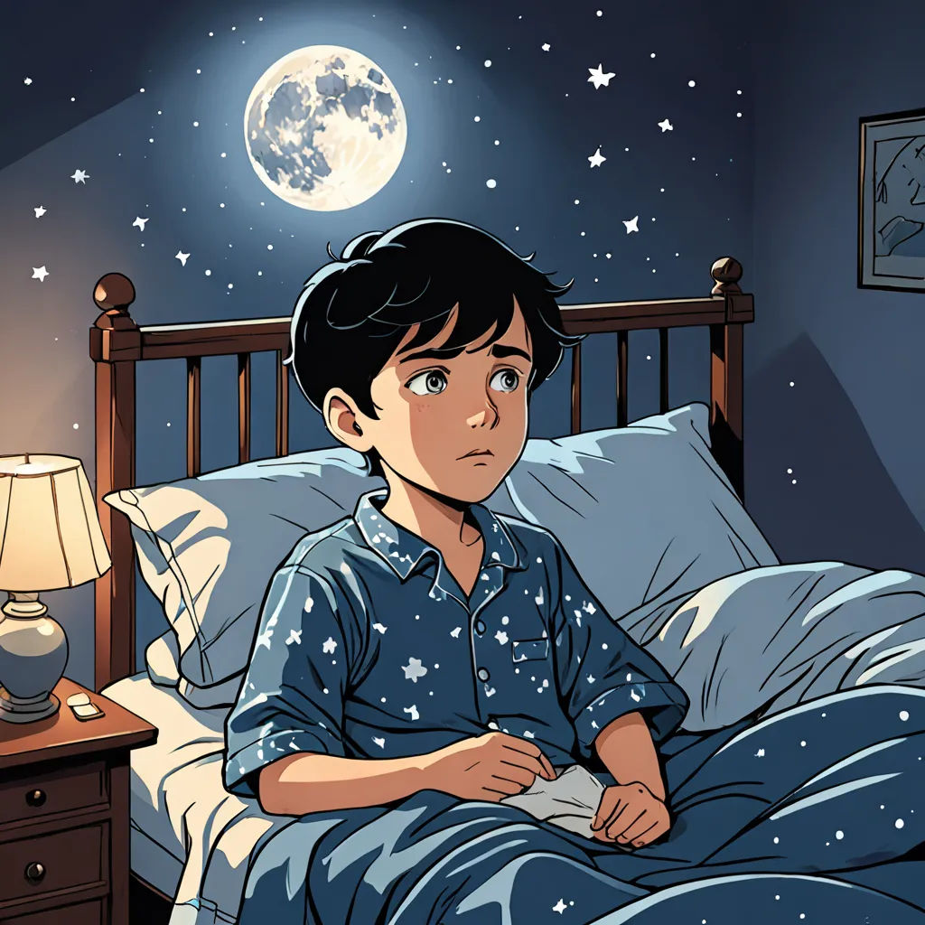 a boy sitting in bed with a night sky background and stars on the wall behind him, and a full moon in the sky, space art, a comic book panel, Asaf Hanuka, moon