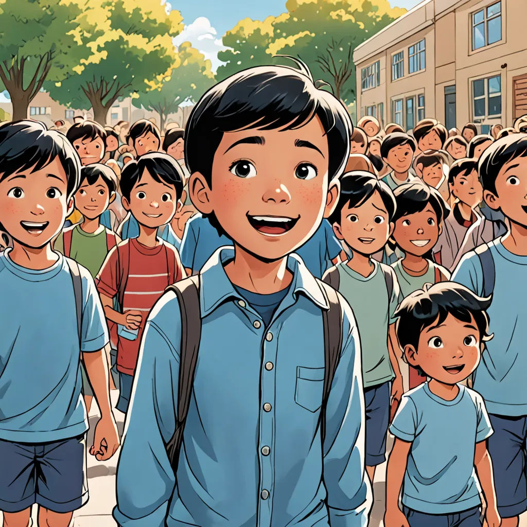 a cartoon of a boy standing in front of a crowd of people in a city street with buildings in the background, vancouver school, a storybook illustration, David Park, graphic novel
