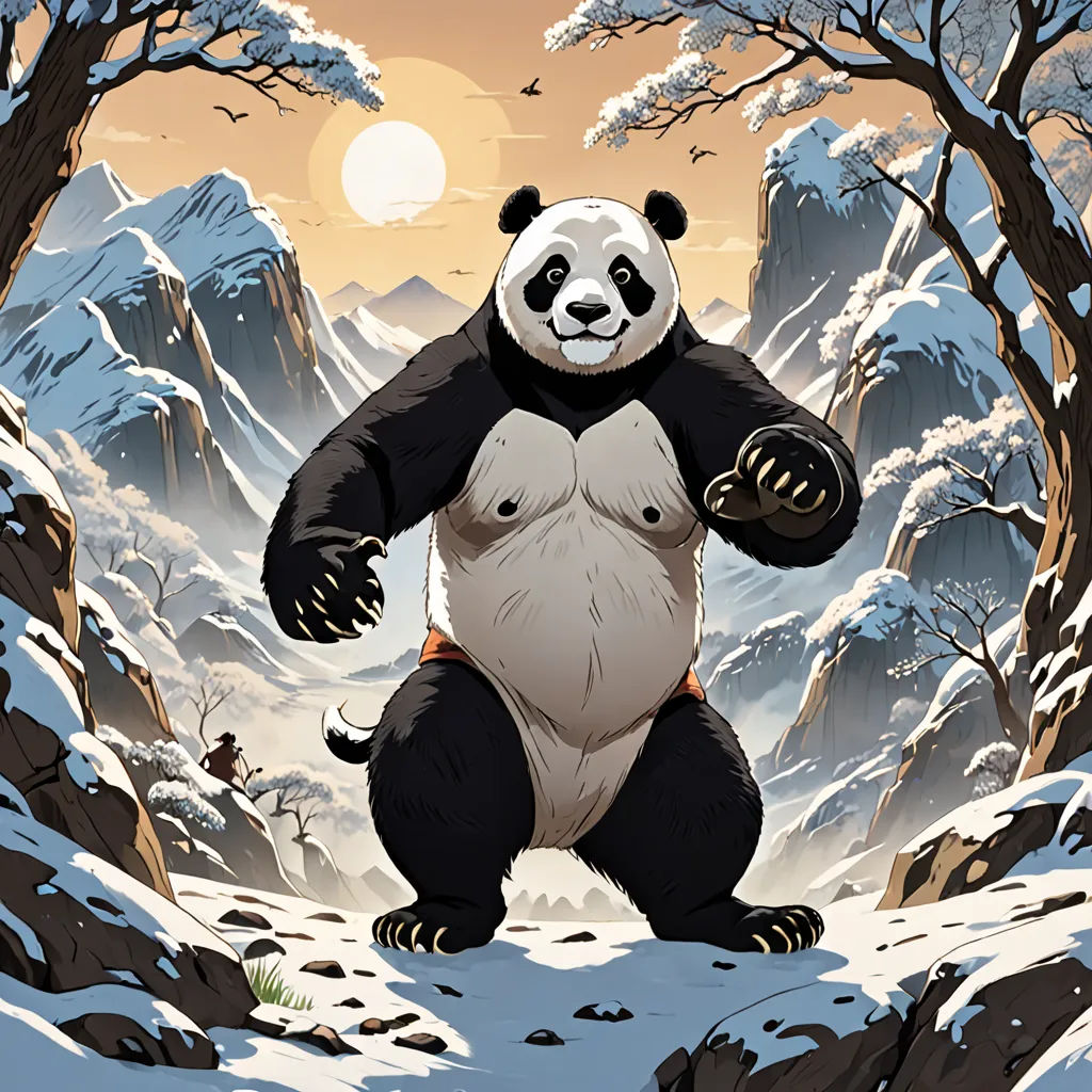 a panda bear standing on its hind legs in the snow with a full moon in the background and trees, furry art, a comic book panel, Chen Hong, official art