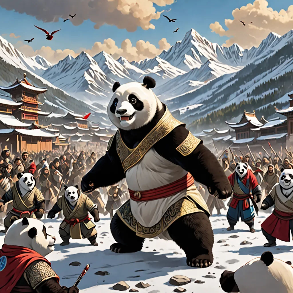 a panda bear is dancing in front of a crowd of people in a snow covered area with mountains in the background, altermodern, a comic book panel, Chris Rallis, magic the gathering artwork